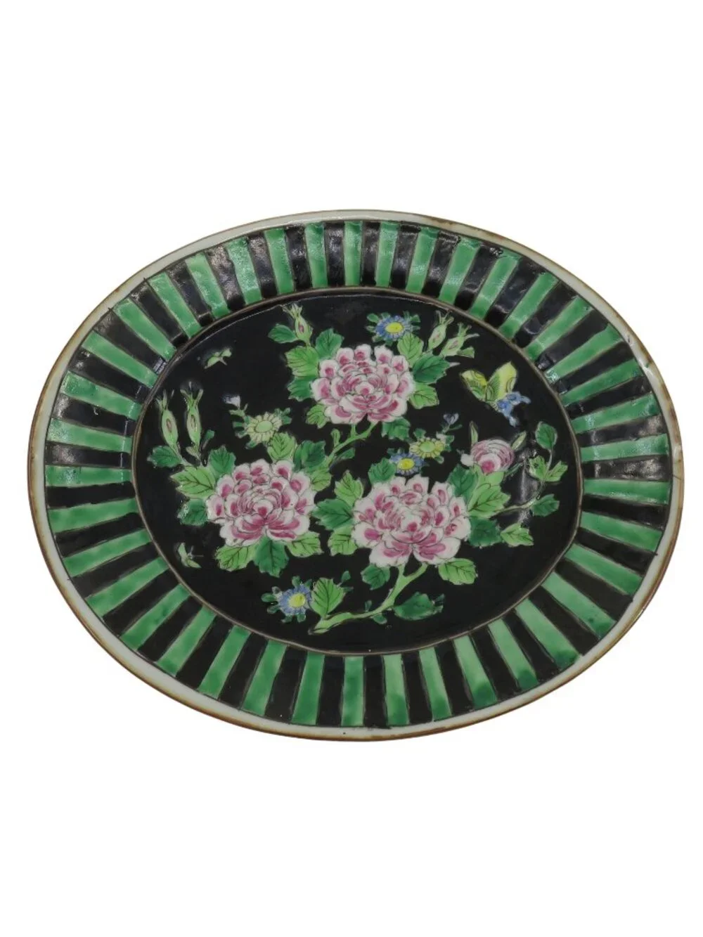 Antique Nippon 12.25in Pink Flower Black Green Stripe Oval Platter Plate Japan